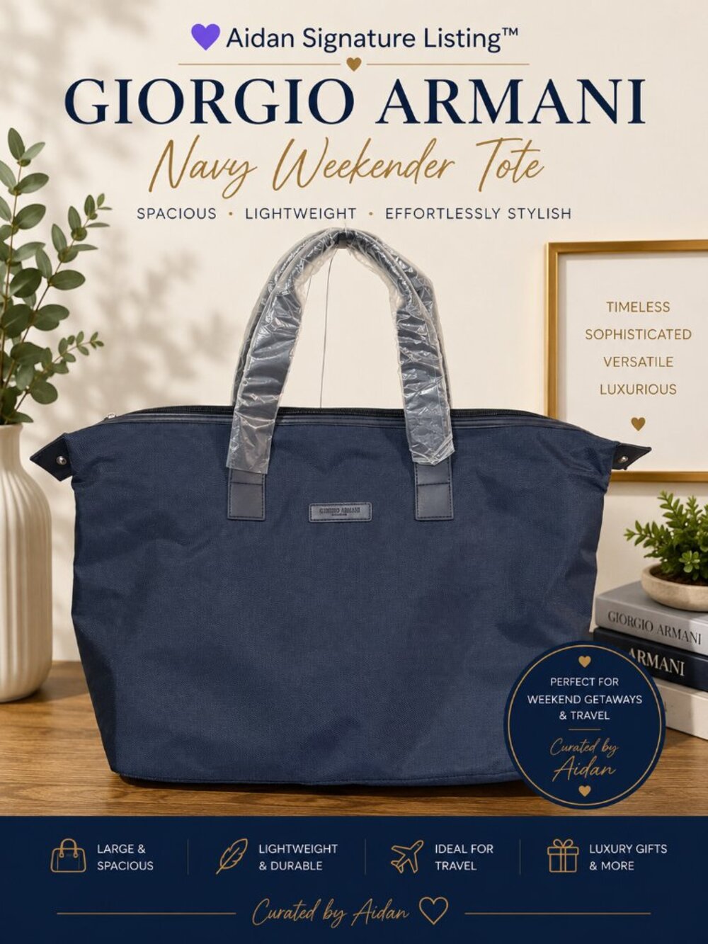 Giorgio Armani Fragrances Navy Weekender Tote Travel Bag Large Zip Carryall